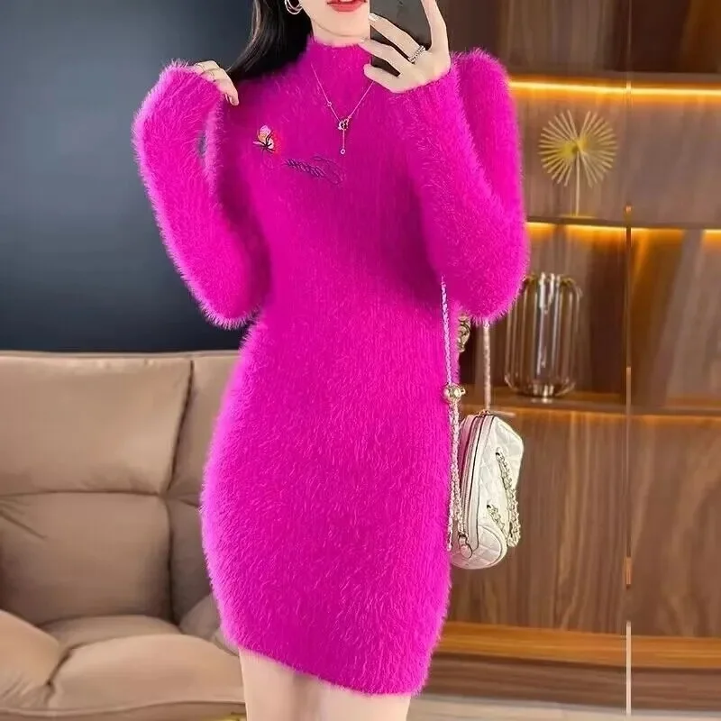 Imitation Mink fur Knitted Sweater Dress For Women 2026 New Spring Autumn Winter Mid-Length Knitted Sweater Pullover Dresses