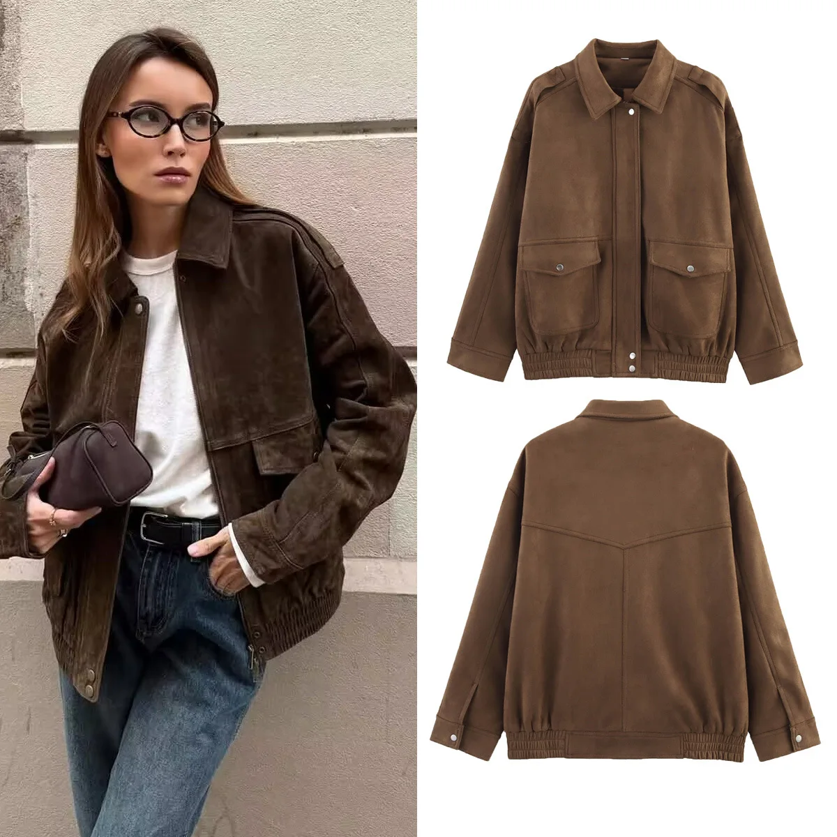 

Модные весенние куртки-бомберы, пальто, повседневные замшевые куртки с отложным воротником, свободная летная куртка, пальто для женщин