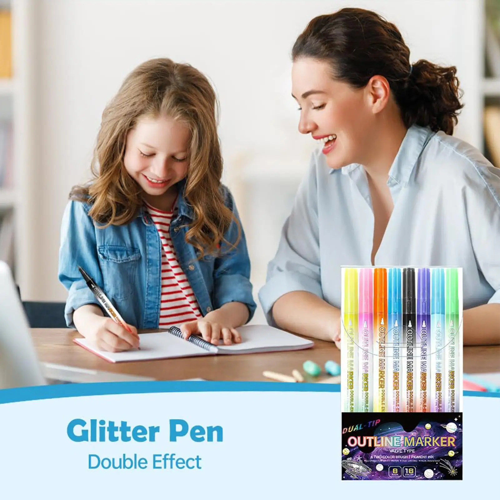 Markery do konturowania z podwójną końcówką, 8 sztuk, brokatowe pisaki do rysowania, markery do rysowania i pisania, idealne do prac plastycznych, zajęć szkolnych i notowania notatek.