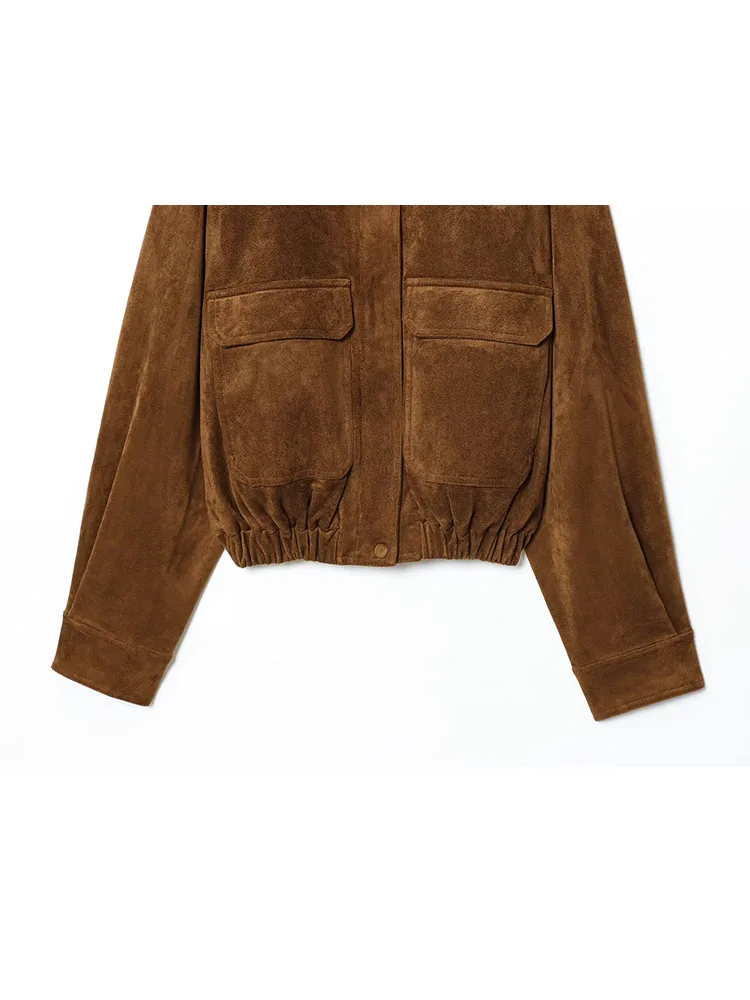 HH المرأة الخريف موضة الرجعية تنوعا الجلد المدبوغ التلبيب معطف طويل الأكمام الإناث أنيقة عالية الشارع سستة جيب سترة فضفاضة Mujer