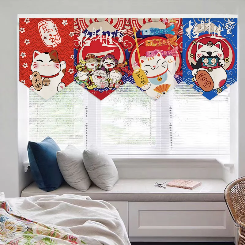 Japanese Style Lucky Cat Triangle Flag Curtain Kitchen Short Half Curtain Decoration Hanging Cloth Curtain