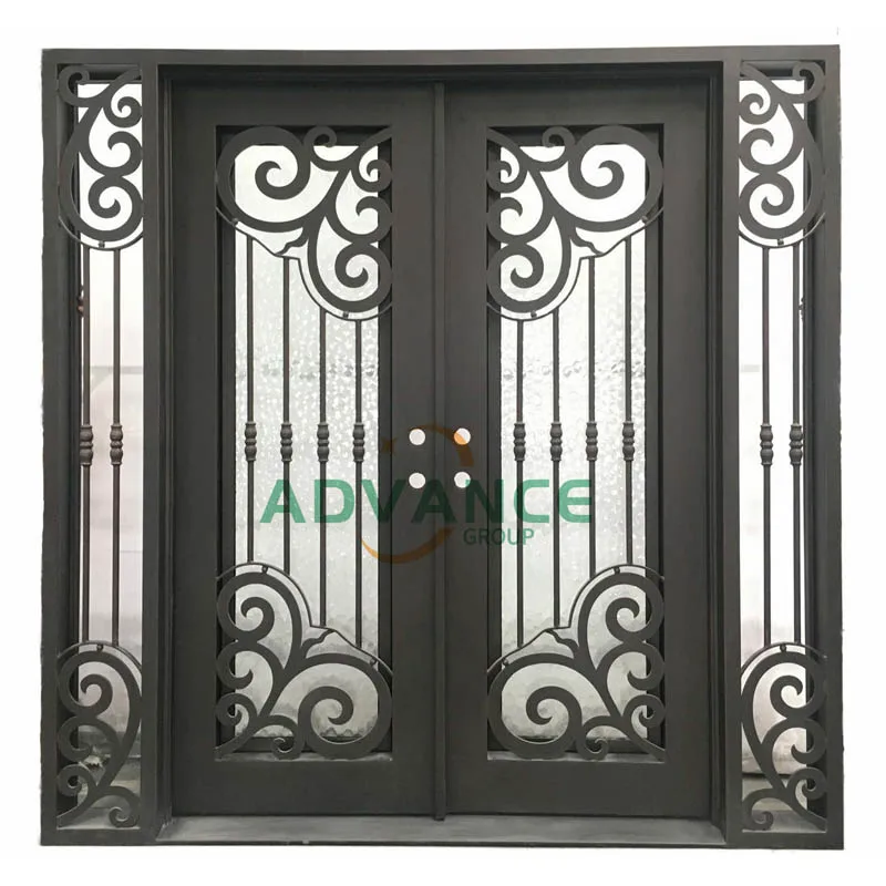 Villa Entrance Handcrafted Modern Wrought Iron and Glass Exterior Front Entry Door with Waterproof Anti-Theft Features