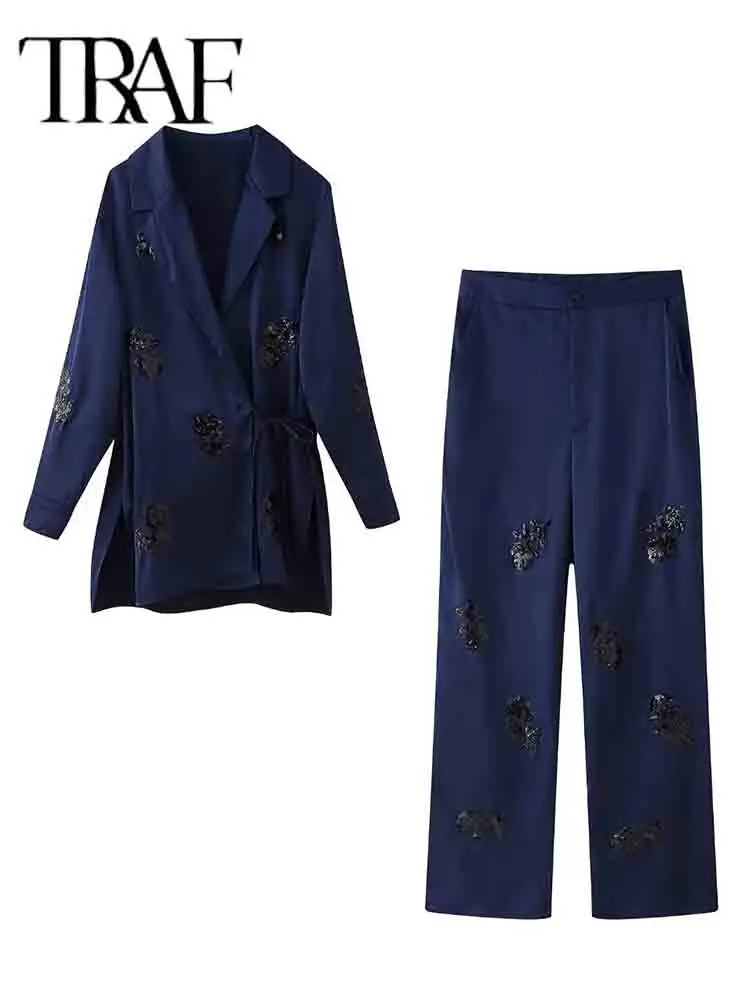 TRAF Sequin Pants Sets For Women 2 Pieces 2024 New Fashion Satin Kimono Coat Women's Suit Elegant Two Piece Set Women Outfit