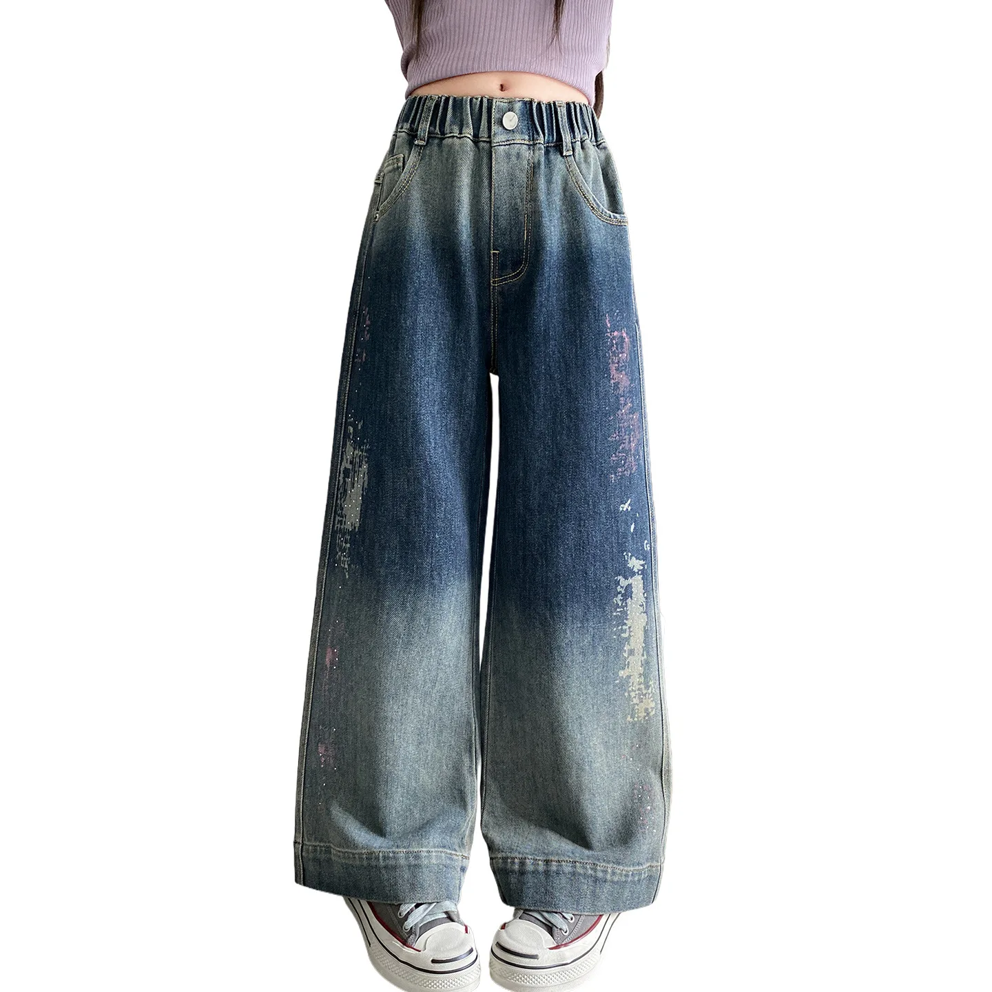 أزياء الأطفال جينز مستقيم الساق مع التعادل صبغ للأطفال السراويل الزرقاء Sweatpants الفتيات العصرية شارع العليا الدنيم السراويل