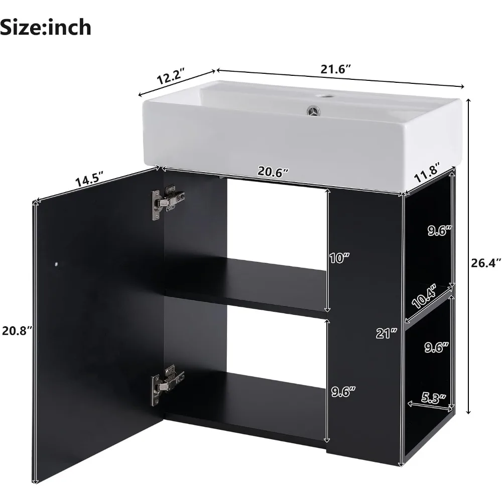 20 Inch Wall Mounted Bathroom Vanity with Sink Top, Floating Cabinet, Soft Close, Black