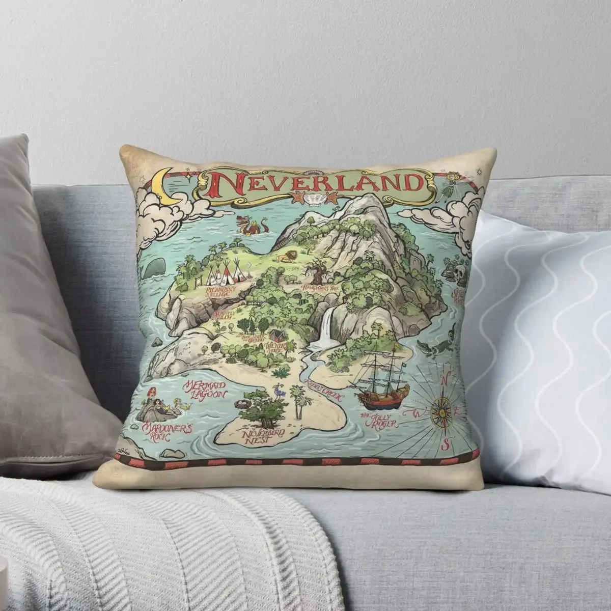 Peter Pan Neverland Map Square Pillowcase Polyester Linen Velvet Creative Zip Decor Home Cushion Cover 45x45