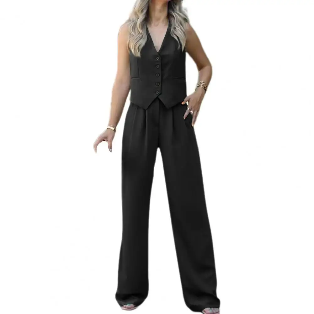 V-neck Vest Trousers Set Elegant Women's Vest Pants Set for Office Wear V Neck Top with High Waist Wide Leg Trousers for Work