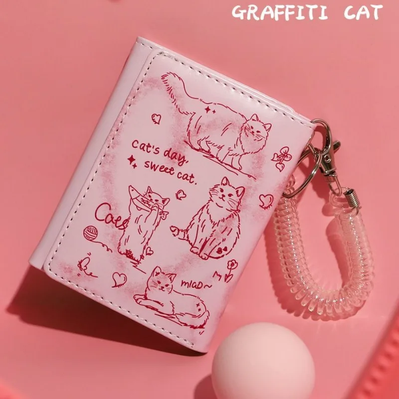 Xiuya Cartoon Cat Wallets for Women Graffiti New Aesthetic Short Cute Wallet Original Fashion Leather Designer Female Card Purse