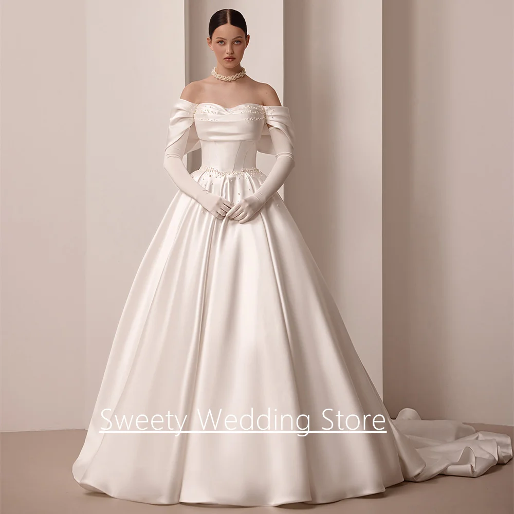 فستان الزفاف الحديث مخصص قبالة الكتف الحبيب اللؤلؤ ألف خط قطار المحكمة الساتان ثوب الزفاف Vestidos De Novia