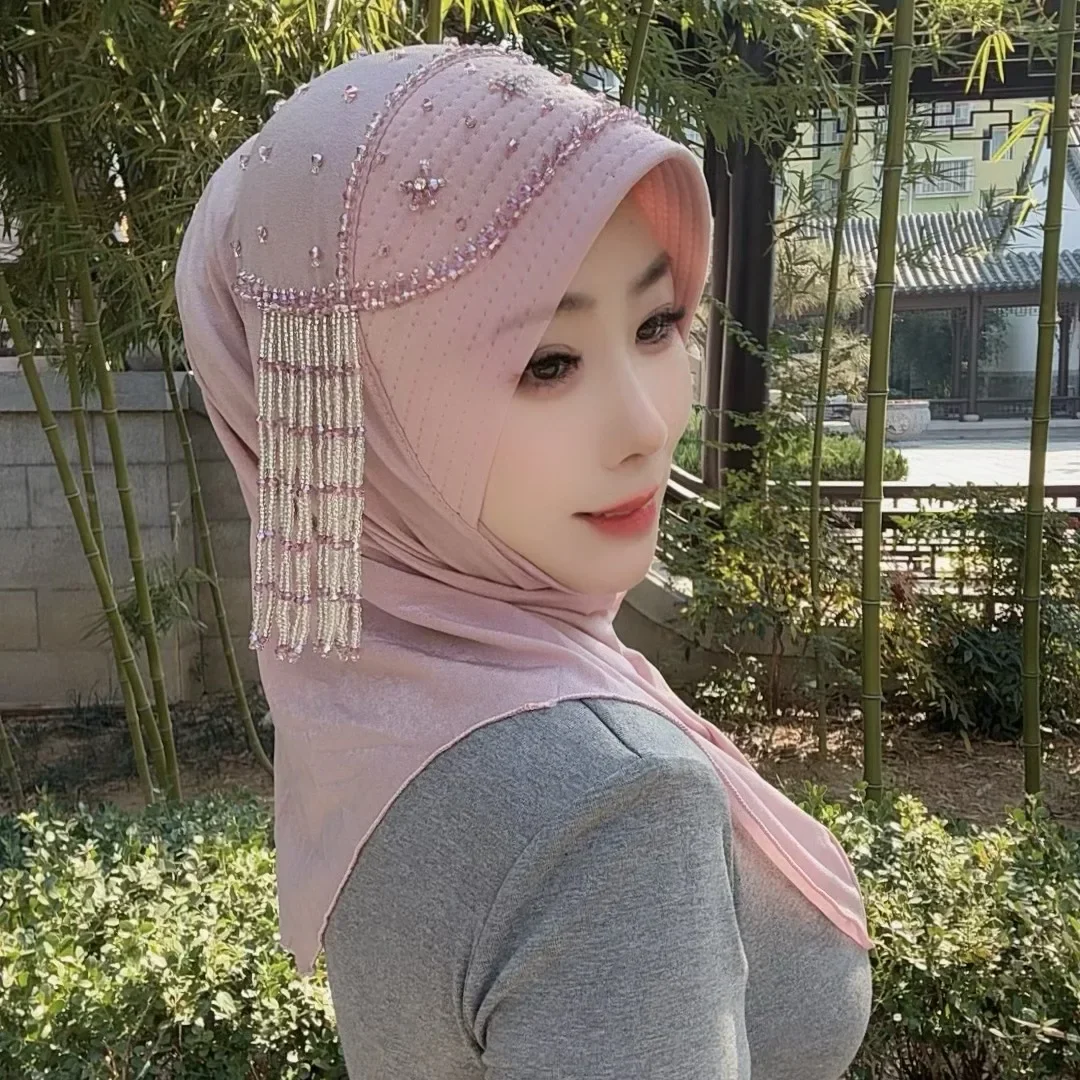 

Africa Headscarf Women Soft Brim Sponge Convenient Pull-on Scarf Head Cover Ethnic Hats Diamond Tassel Girl's Hijab All Match