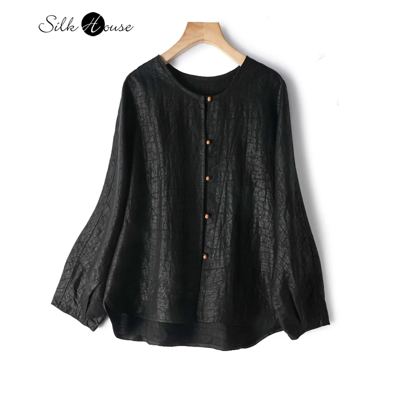 

Extremely Simple 100% Natural Mulberry Silk Fragrant Cloud Silk Turtle Crack Retro Loose Long Sleeved Women's Black Cardigan