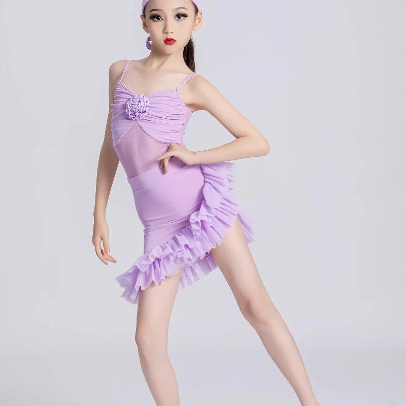 

Children's Latin dance costume banquet hall plus size lace dress pants girls sequins Salsa samba children's stage costume