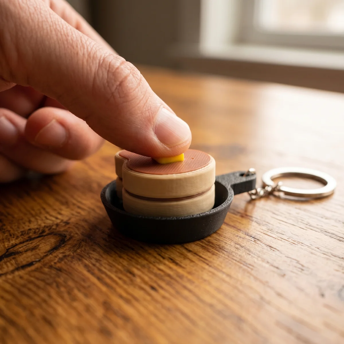 1 Pack 5.4cm 3D Printed Eco-Friendly PLA Bunny Pancake Fidget Keychain, Novelty Bag Charm with Sturdy Metal Split Ring