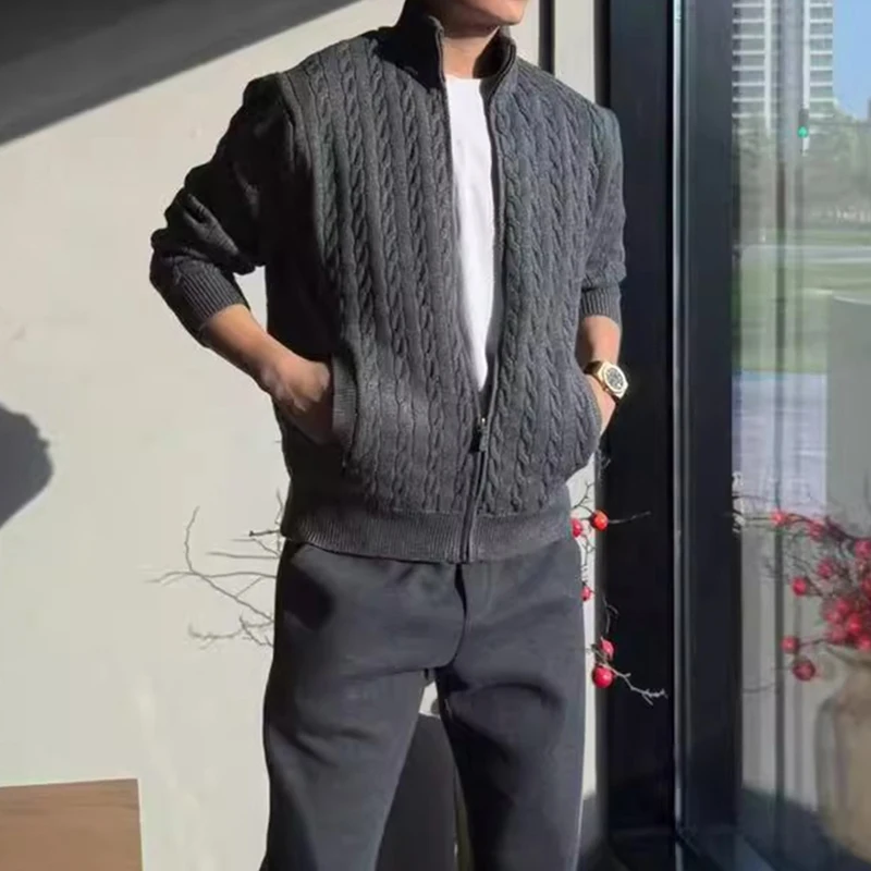 العصرية رجل تويست الجاكار Sweatercoats ربيع الخريف الشارع الشهير خمر سليم متماسكة الستر الرجال الملابس عادية محبوك بالأزرار