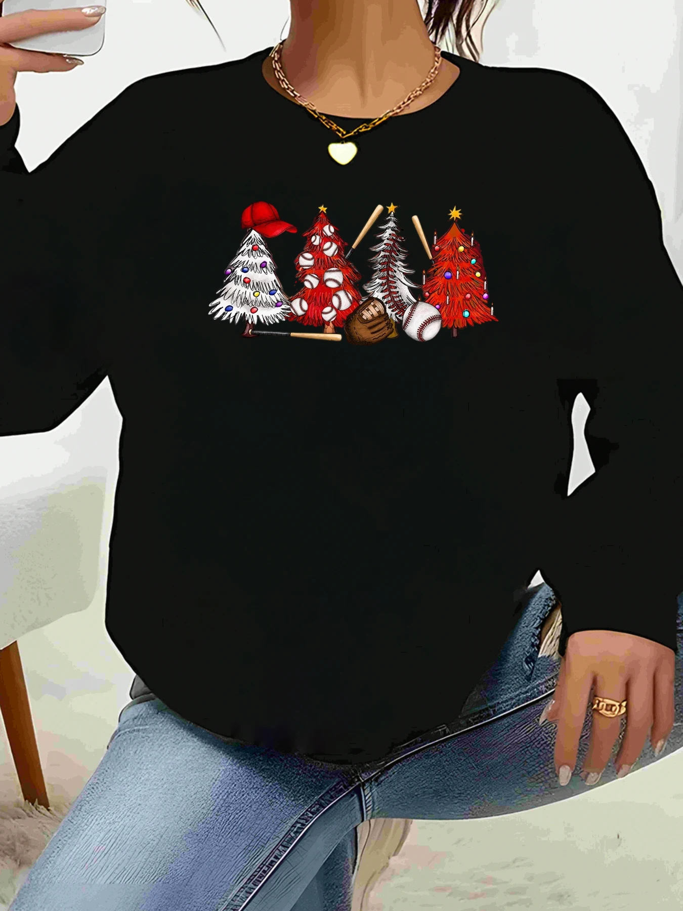 

Christmas Tree Baseball Print Sweater Holiday Casual Wear Women's Long Sleeve Top