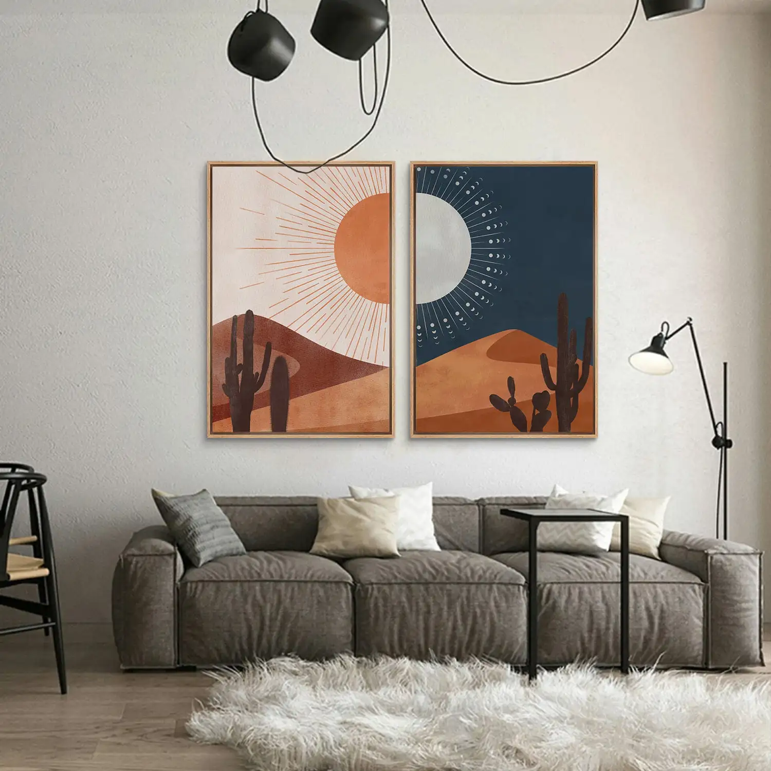 2 Pcs Canvas Wall Art, Sun and Moon Cactus Desert Landscape Art, Southwest Western Joshua Tree Pictures Print, Boho Wall Decor