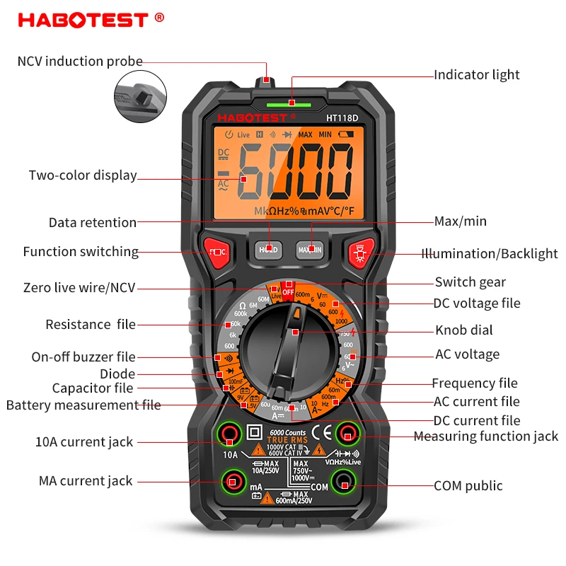 HT118 Professional Digital Multimeter AC/DC Voltage Ammeter True RMS Auto Range Multimetro Capacitance Meter Electrician Tester