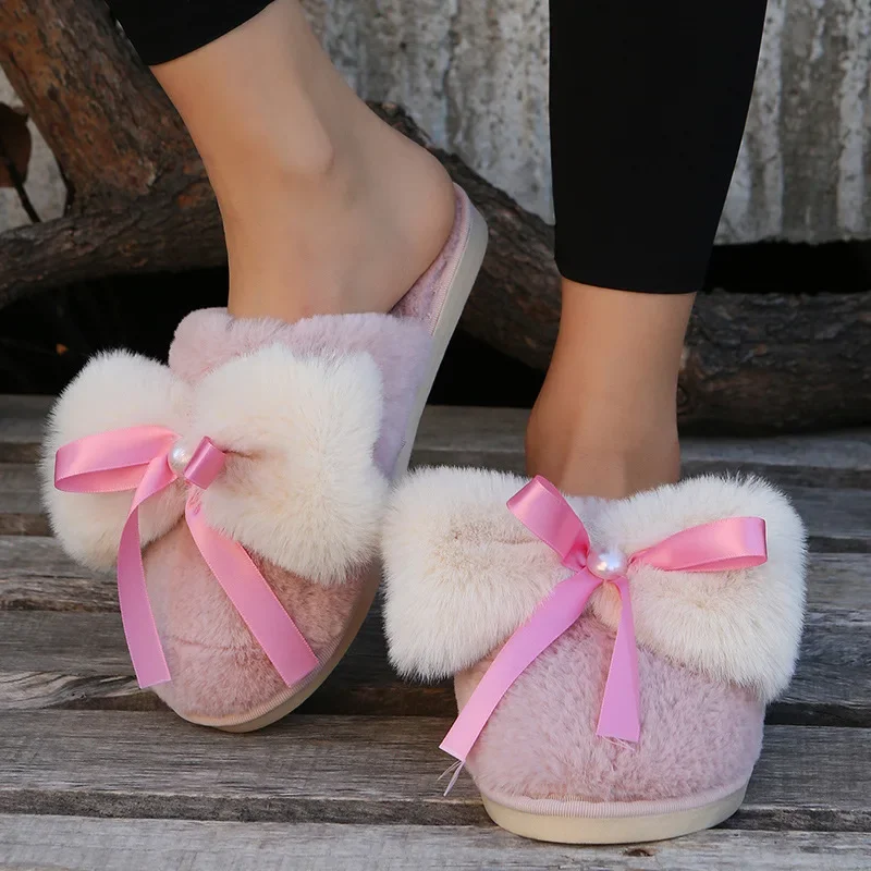 Furry Slippers Female Bow Tie Winter Home Warm Girl Heart Korean Non-slip Flat Bottom Indoor Cotton Slipper Zapatos Para Mujeres