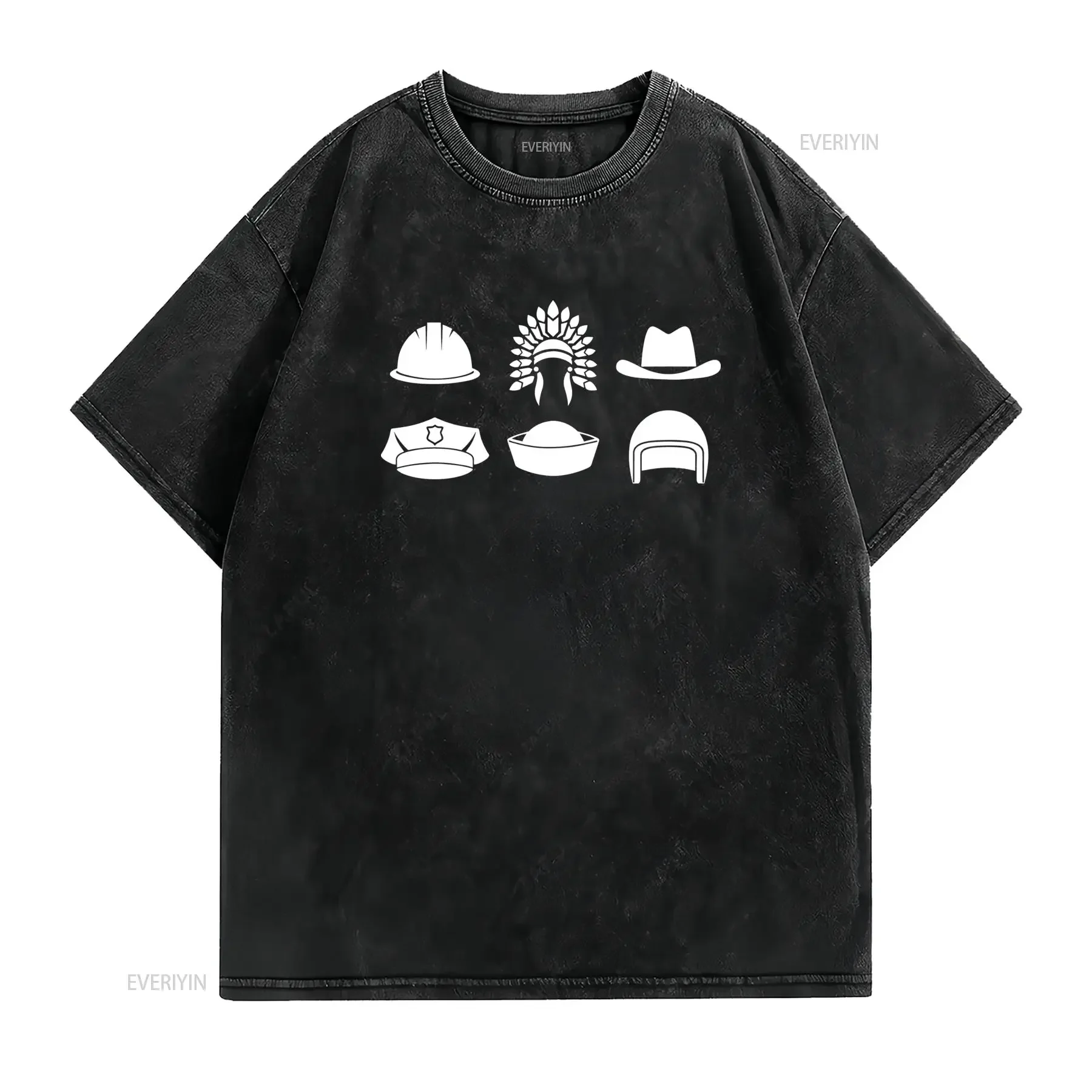 Minimalist Black White Line Art Assorted Hats Print Casual T Shirt vintage Washed designer clothes graphic Stretched Breathable