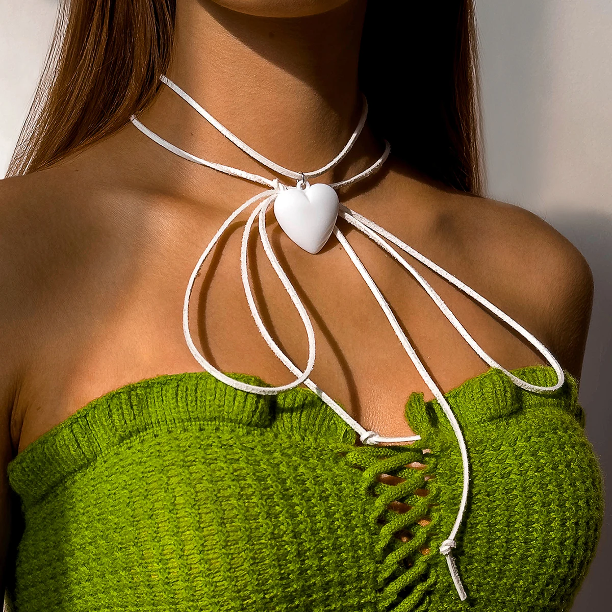 Docona Bohemian Big White Bead Pendant Necklace for Women Simplicity Lovely Heart Geometric Holiday Jewelry Party Gifts