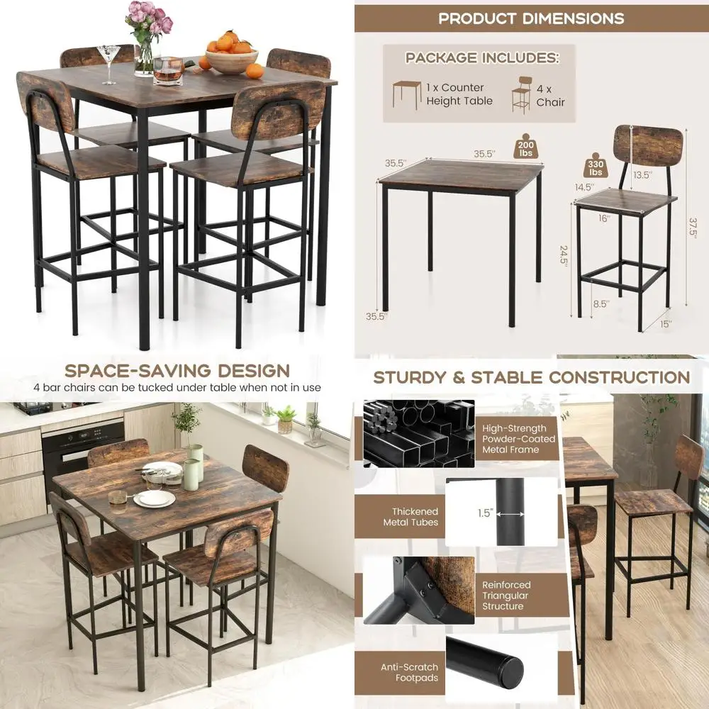 

Промышленный обеденный комплект из 5 предметов для барной стойки с 4 барными стульями, коричневый микс, экономия пространства для кухни или ресторана