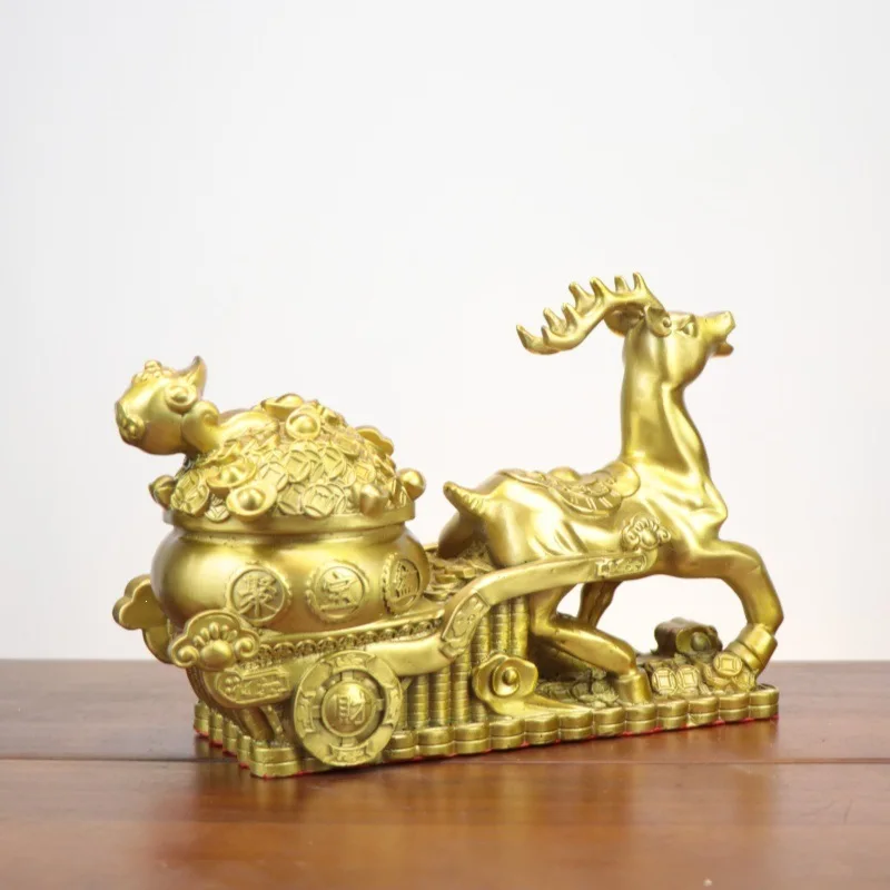Brass Fortune Cart Ornament, Pulling Coins And Money, Treasure Basin Decoration, Plum Blossom Deer, Ascending