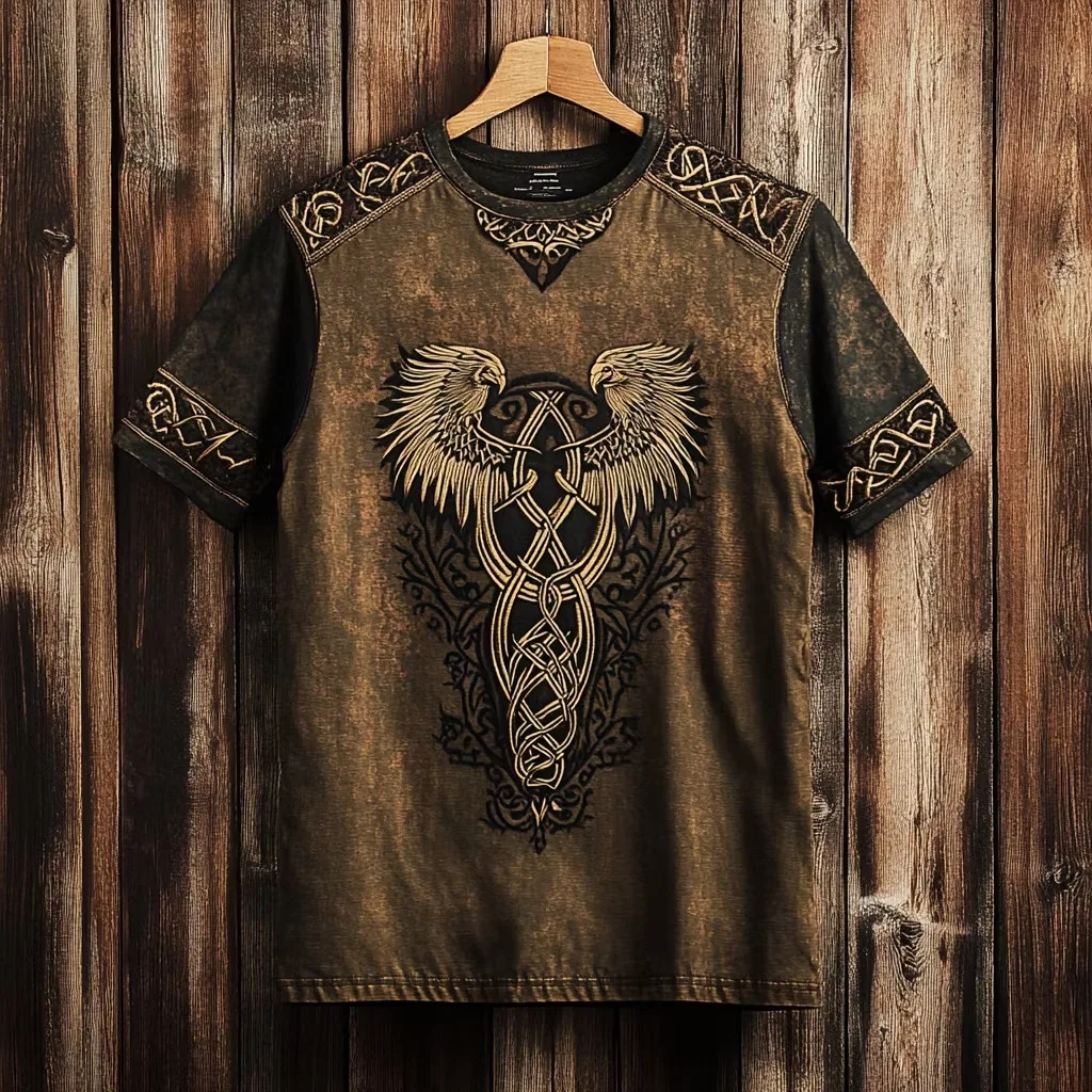 Men's Black Summer Crew-Neck Short-Sleeve T-Shirt With Nordic Raven Rune Print Slim Fit Casual Retro Top Everyday Streetwear