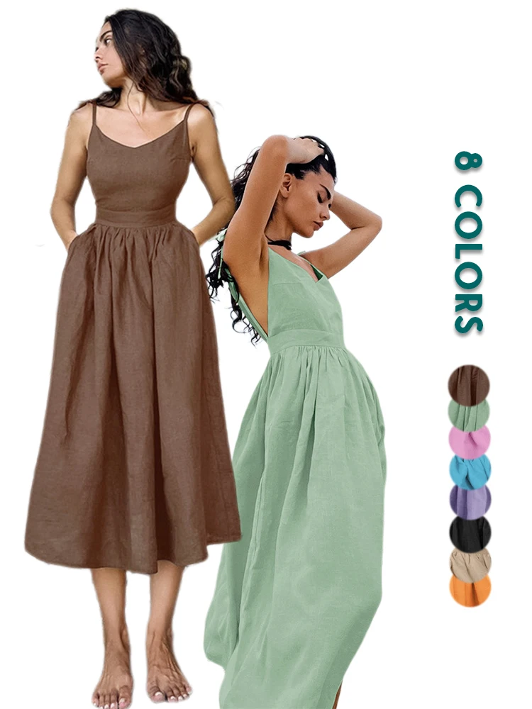 

Women Sexy Solid Sling Midi Dress Fashion Sleeveless Casual Cotton Linen Hem Dresses Summer Female Party Evening A-line Robes
