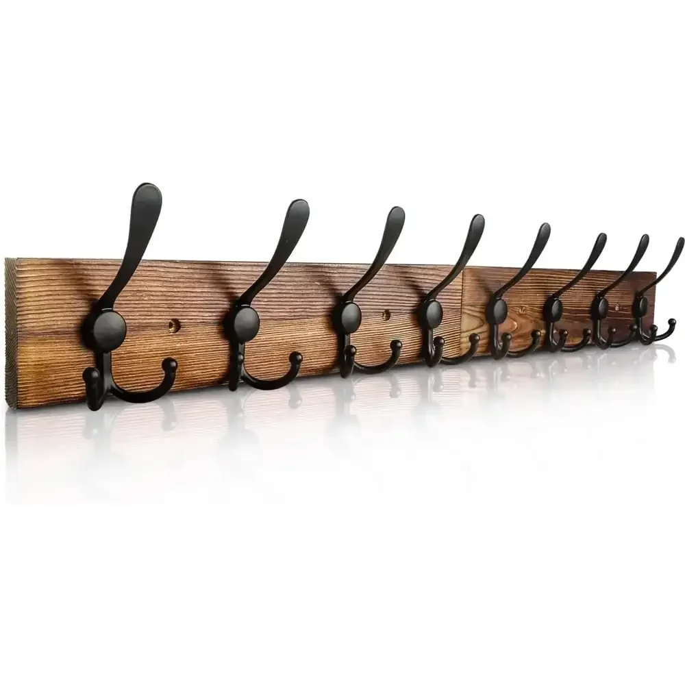 

Wall Mounted Coat Rack Wooden Burnt Brown Plate with 8 Black Tri Hooks, Heavy Duty Metal Coat Hooks for Entryway Bathroom Decor