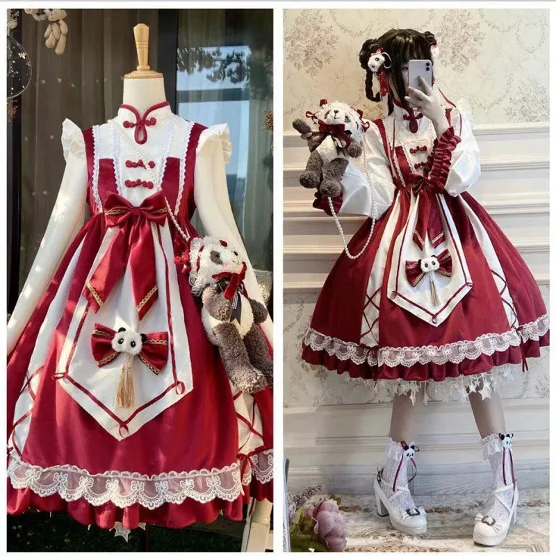 

New lolita Lolita dress Chinese style Panda Long long sleeve red Lolita dress