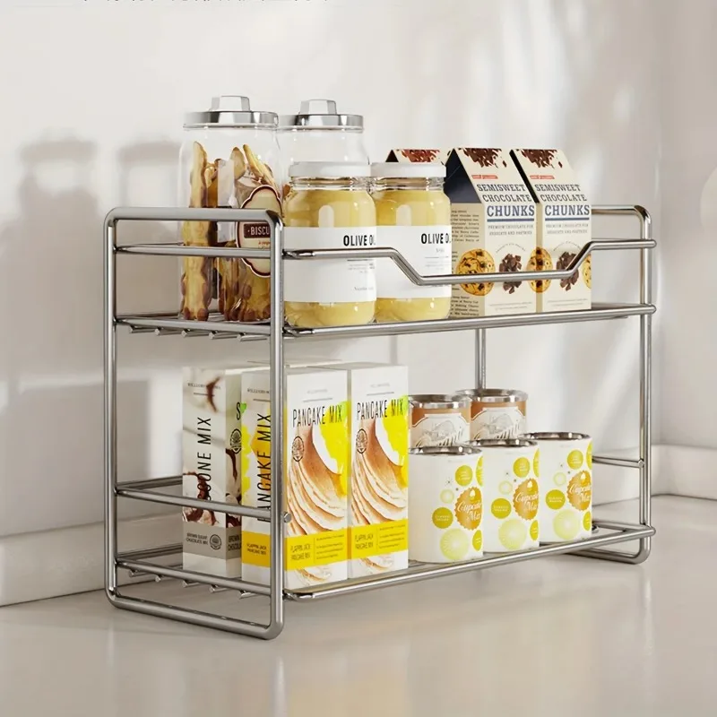 2 Tier Stainless Steel Kitchen Organizer Countertop Shelf, Seasoning Organizer, Modern Sturdy Spice Rack for Kitchen, Bathroom