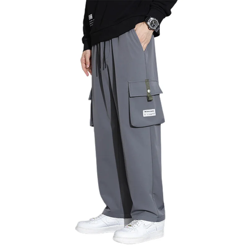 Spring Autumn Men's Elastic High Waisted Solid Bandage Drawstring Pockets Casual Loose Wide Leg Trousers Fashion Vintage Pants