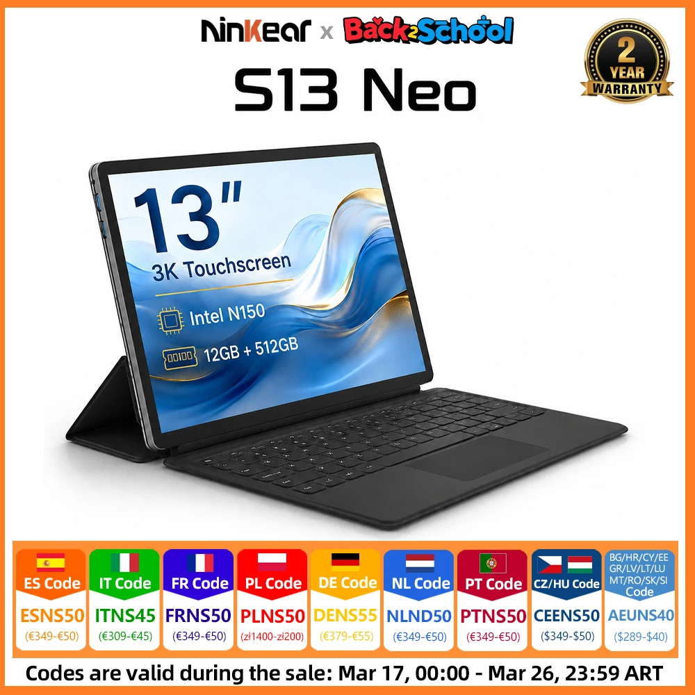 Ninkear S13 Neo PC Tablette 2-en-1 13" 3K 3000x2000 IPS Intel N150 12GB LPDDR5 512GB SSD Windows 11 Ordinateur portable avec clavier magnétique, stylet, 6000mAh