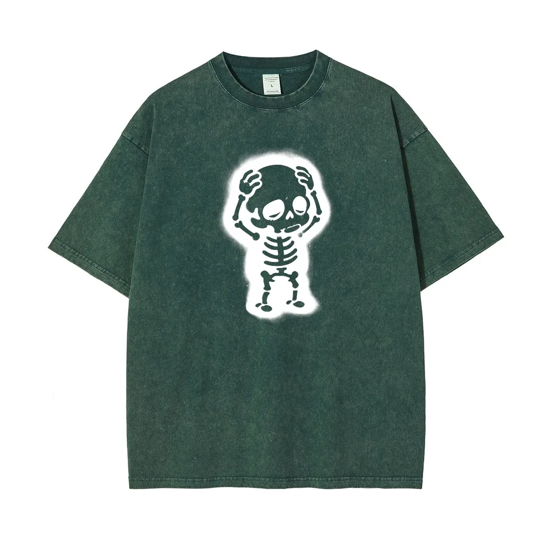 Men Unisex Stone Washed Distressed T‑Shirt Fashion Skeleton Cartoon Graphic Print Crew Neck Short Sleeve Hip-hop Dancing Tees