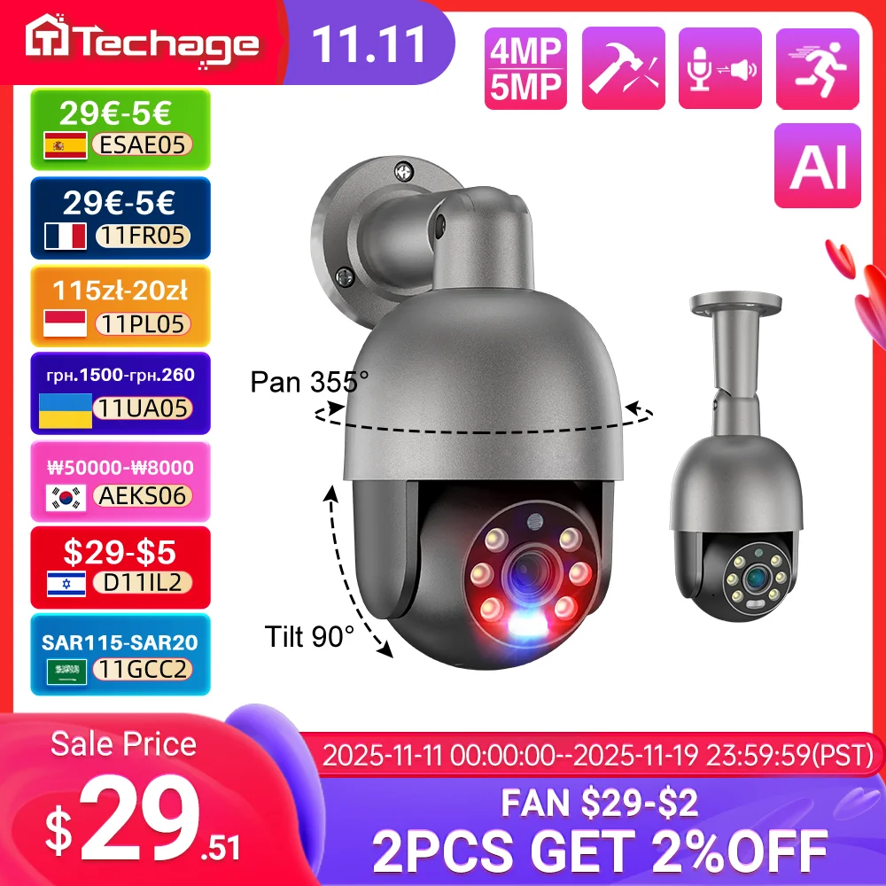 Techage 5MP 8MP PoE PTZ IP Camera Outdoor Waterproof 2 Way Audio Camera AI Human Detection Security Camera Xmeye for NVR System