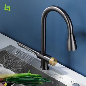 Nowy szary kran kuchenny z wodospadem może ciągnąć 4 sposoby wylotu wody Zimny i gorący mosiężny kran zlewowy z jednym otworem