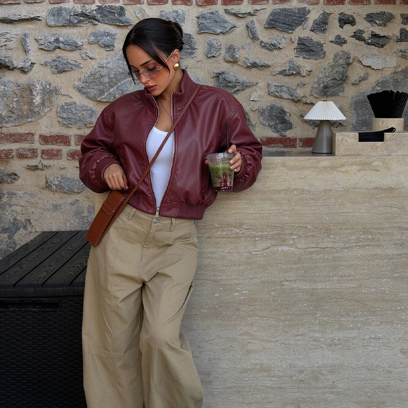 Retro Ladies Wine Red Cropped Leather Look Jacket Elastic Rib Cuff Hem Stand Collar Zip Up Faux Leather Bomber Coat