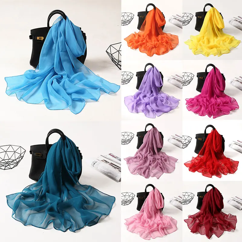 Mulheres foulard cor sólida chiffon georgette lenço bandana elegante longo xale hijab verão proteção solar praia cachecol