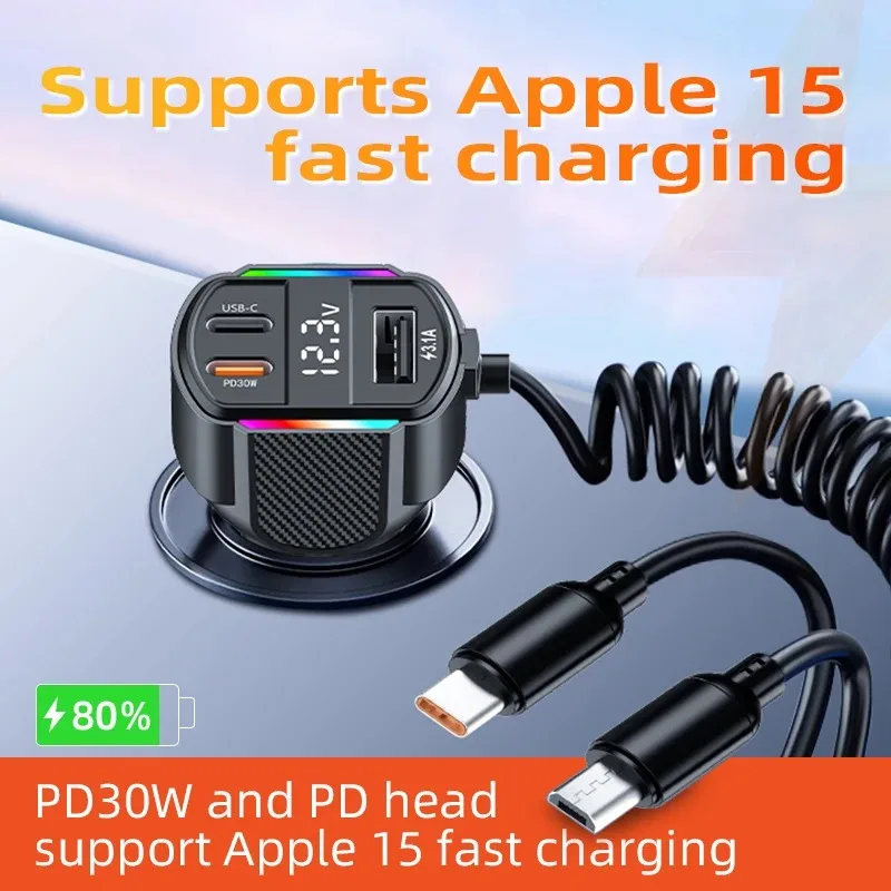LED Digital Display Car Cigarette 3 in 1 PD 30W Car Fast Charger Quick Charge QC3.0 Type-C Car USB Spring Charging Cable