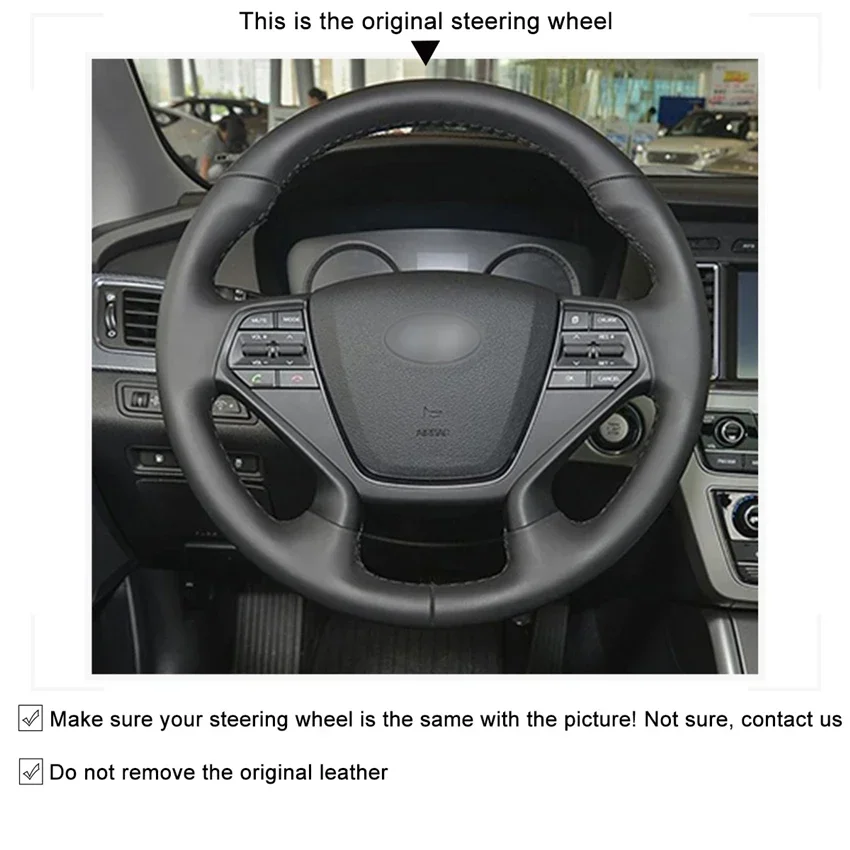 DIY Black Genuine Leather Hand Sew Wrap Car Steering Wheel Cover For Hyundai Sonata 9 2015-2019 (4-Spoke) Car Accessories