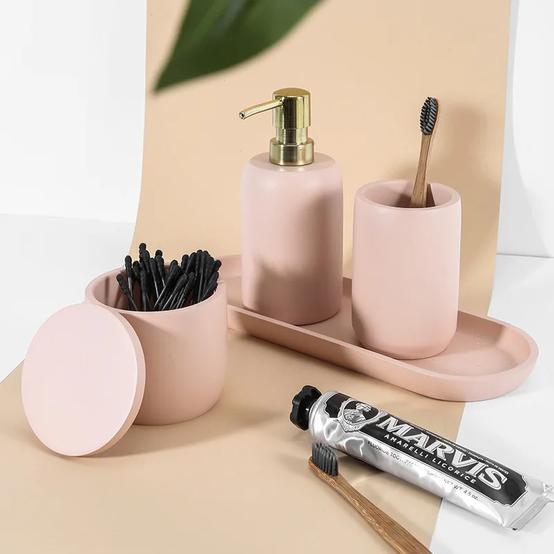 Pink Hotel Bathroom Liquid Dispenser Soap Dispenser Sink Cotton Swab Jar Toothbrush Cup Storage Tray 4-Piece Set