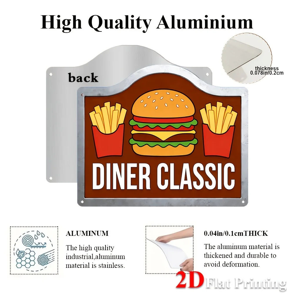 2D Flat, Retro Diner Burger & Fries Aluminum Sign - Art Suitable For Kitchen, Bar, Cafe Decor, Vintage Classic Burger Decoration