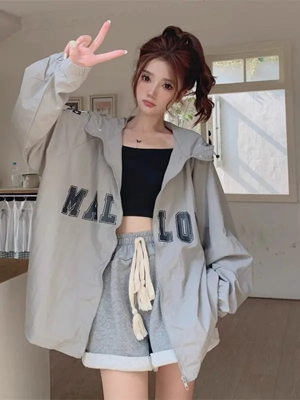 Lightweight Breathable UV Protection Hooded Jacket Women's Summer Thin Print Loose Outerwear Korean Style Commute Wind