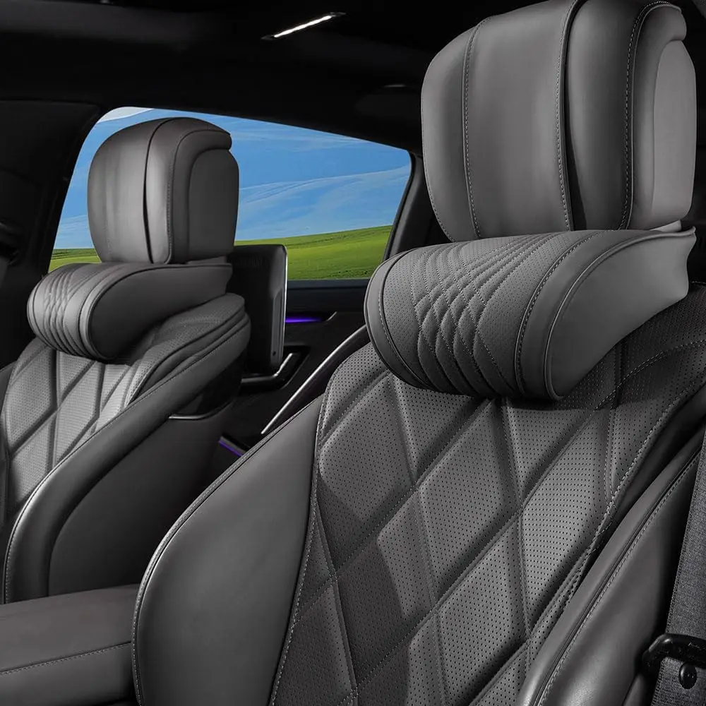 

Memory Foam Neck Pillow with Leather Cover for Car Driving, Soft Comfortable Headrest Cushion for Most Vehicles, Black (2PC)