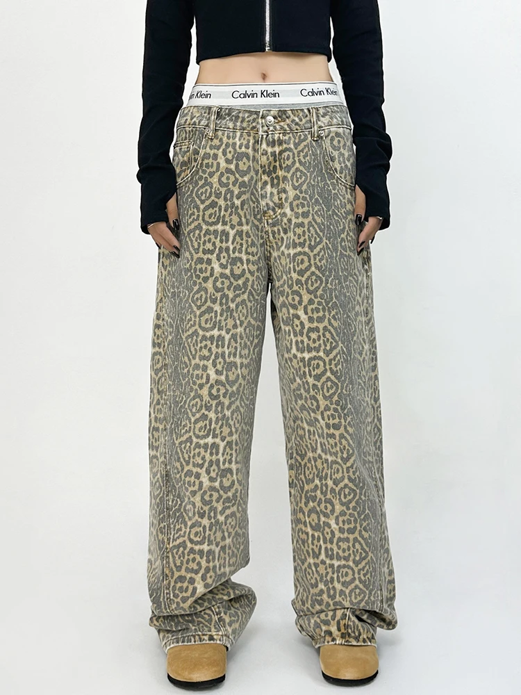 HOUZHOU-pantalones vaqueros con estampado de leopardo para mujer, pantalón holgado informal de pierna ancha, estilo Hip-hop, Grunge, Y2k