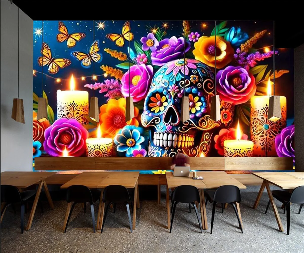 

Custom size mural Graffiti colored skull Butterfly mural wall painting Advanced TV background wall decoration 3d wallpaper