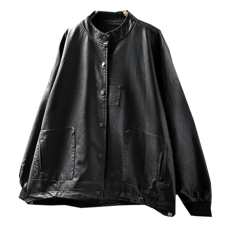 Luźna damska kurtka ze skóry PU ze stójką, wiązana w dół, w stylu retro, inspirowana Hong Kongiem, motocyklowa, dojazdy do pracy, długa...