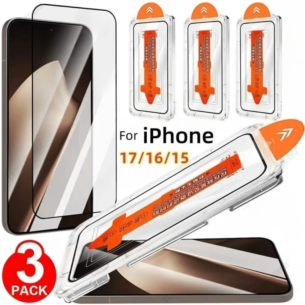 

3Pcs Ultra HD Full Screen Protector for iPhone 17 16 15 14 Pro Max Air 16 15 Plus 13 12 11 Pro Mini One Click Installation Glass