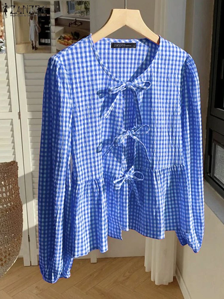 

ZANZEA 2025 Women Plaid Blouse Bow Bandage Loose Long Puff Sleeve Shirts Fashion Round Neck Casual Tops Tunic Blusas Femininas