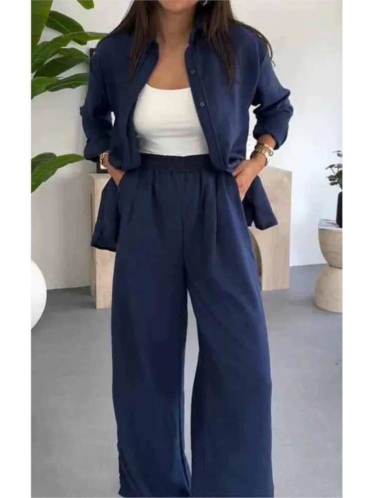 Casual Y2k Woman's Spring PantsTwo-piece Sets Fashion Single-row Buckle Flip Collar Shirt Loose Pants Suit Ladies Autumn Outfit